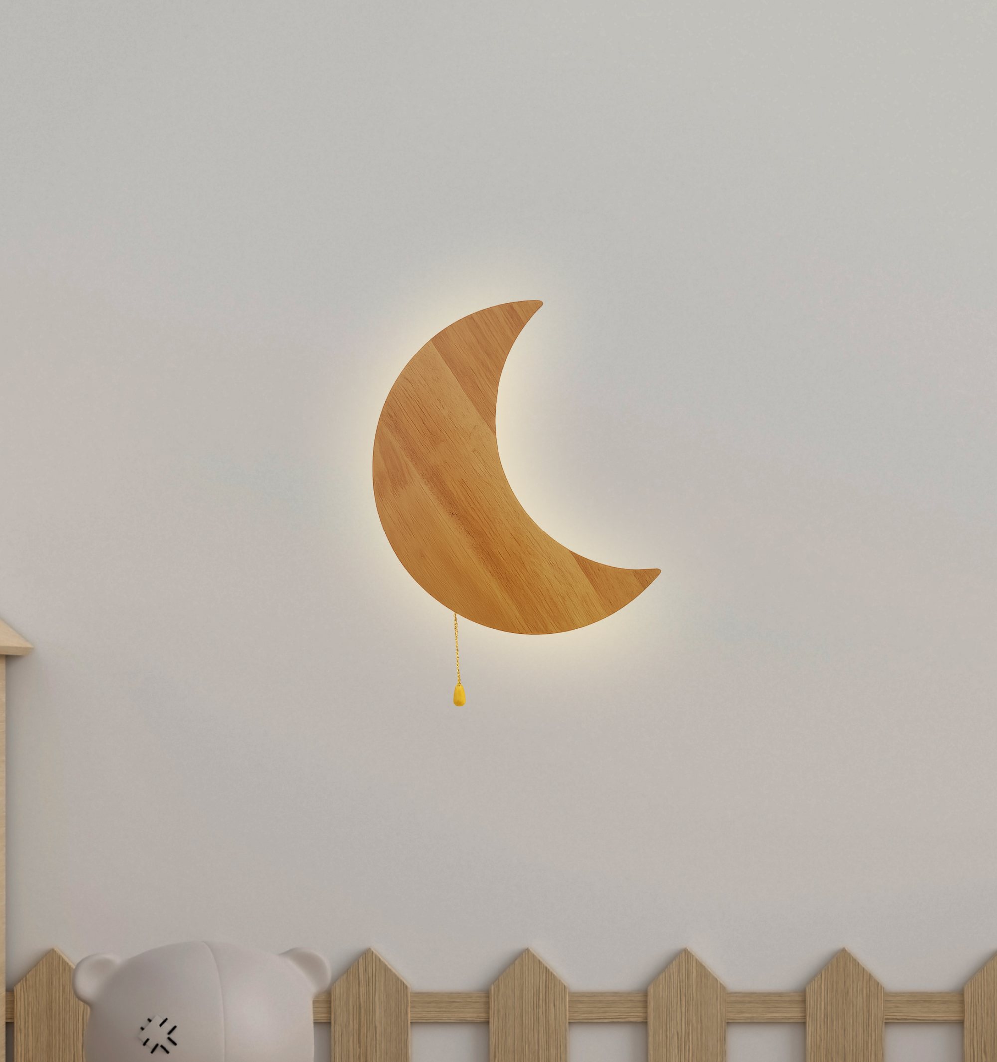 Close-up of wooden crescent moon LED wall lamp with warm ambient lighting