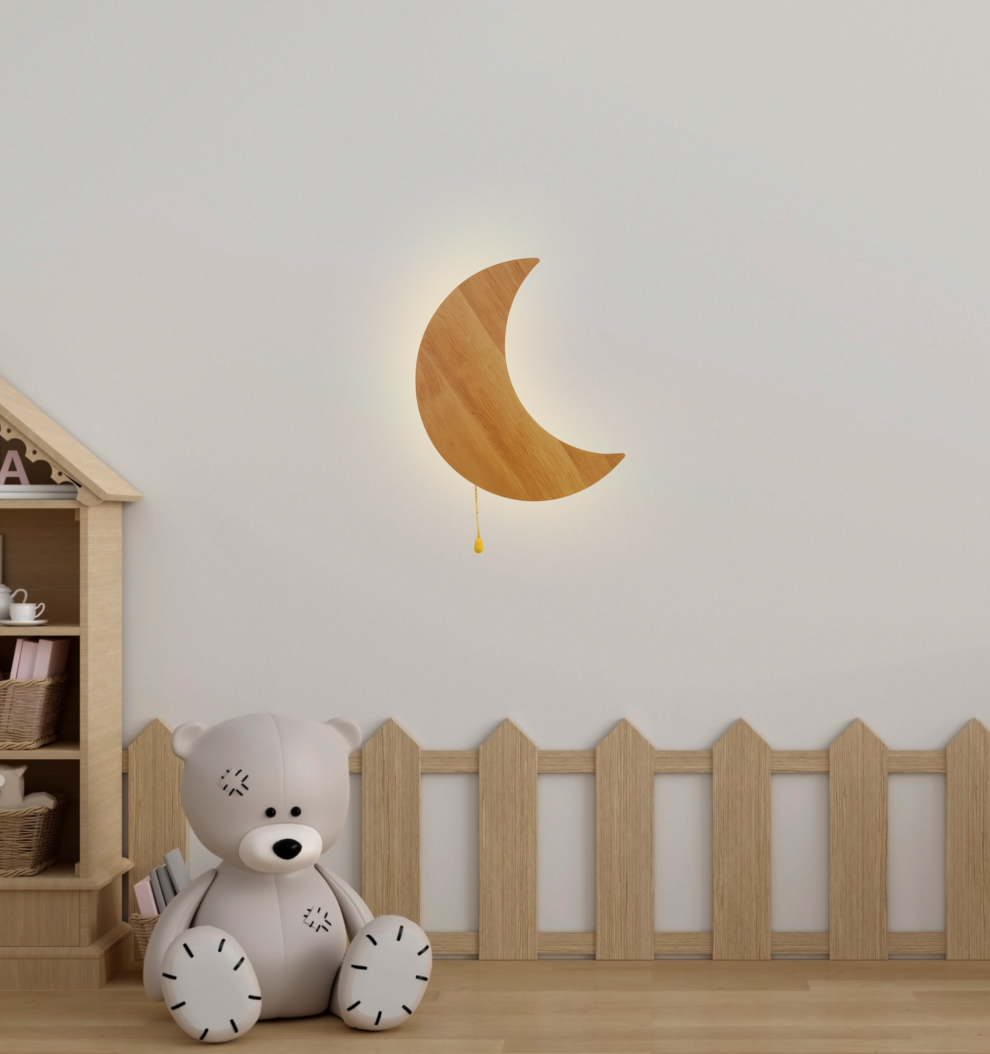 Wooden crescent moon wall lamp glowing softly in a cozy children’s nursery