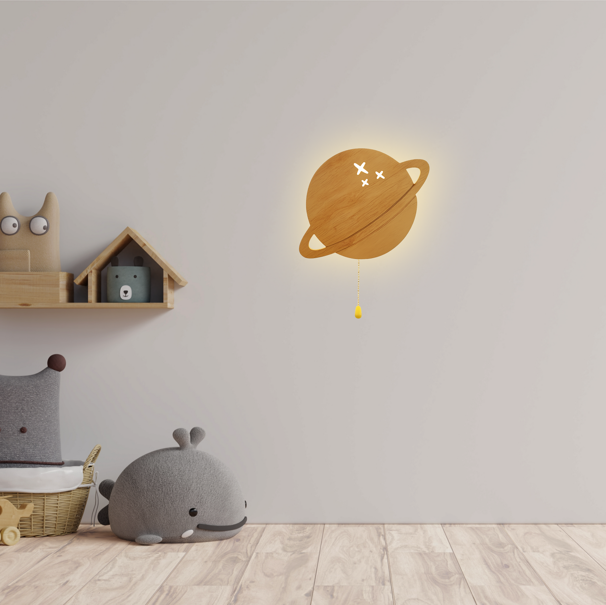Wooden planet-shaped wall lamp glowing softly in a styled children’s room with toys and decor