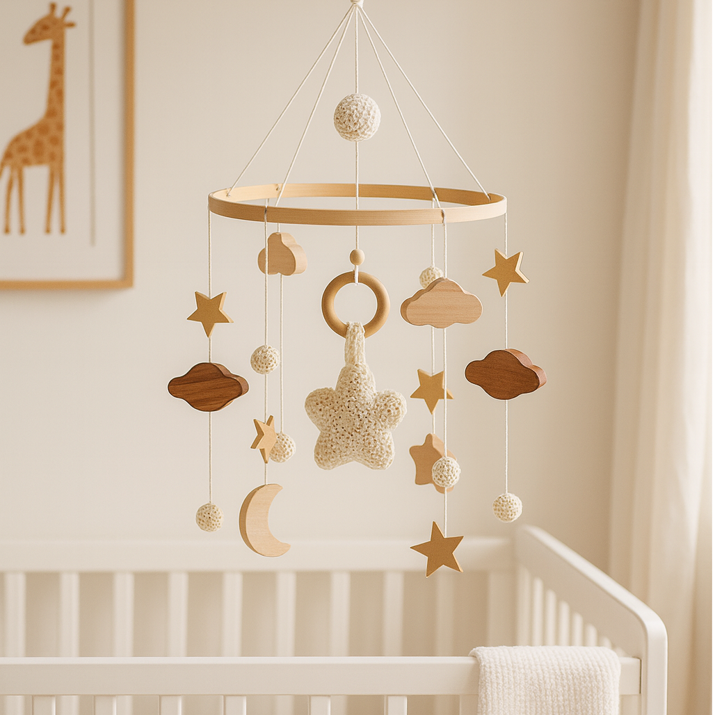 Wooden baby mobile with beige knitted star – natural nursery hanging decor