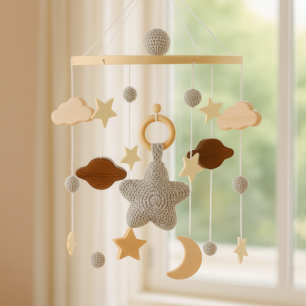 Wooden baby mobile with grey knitted star – neutral hanging crib decor.