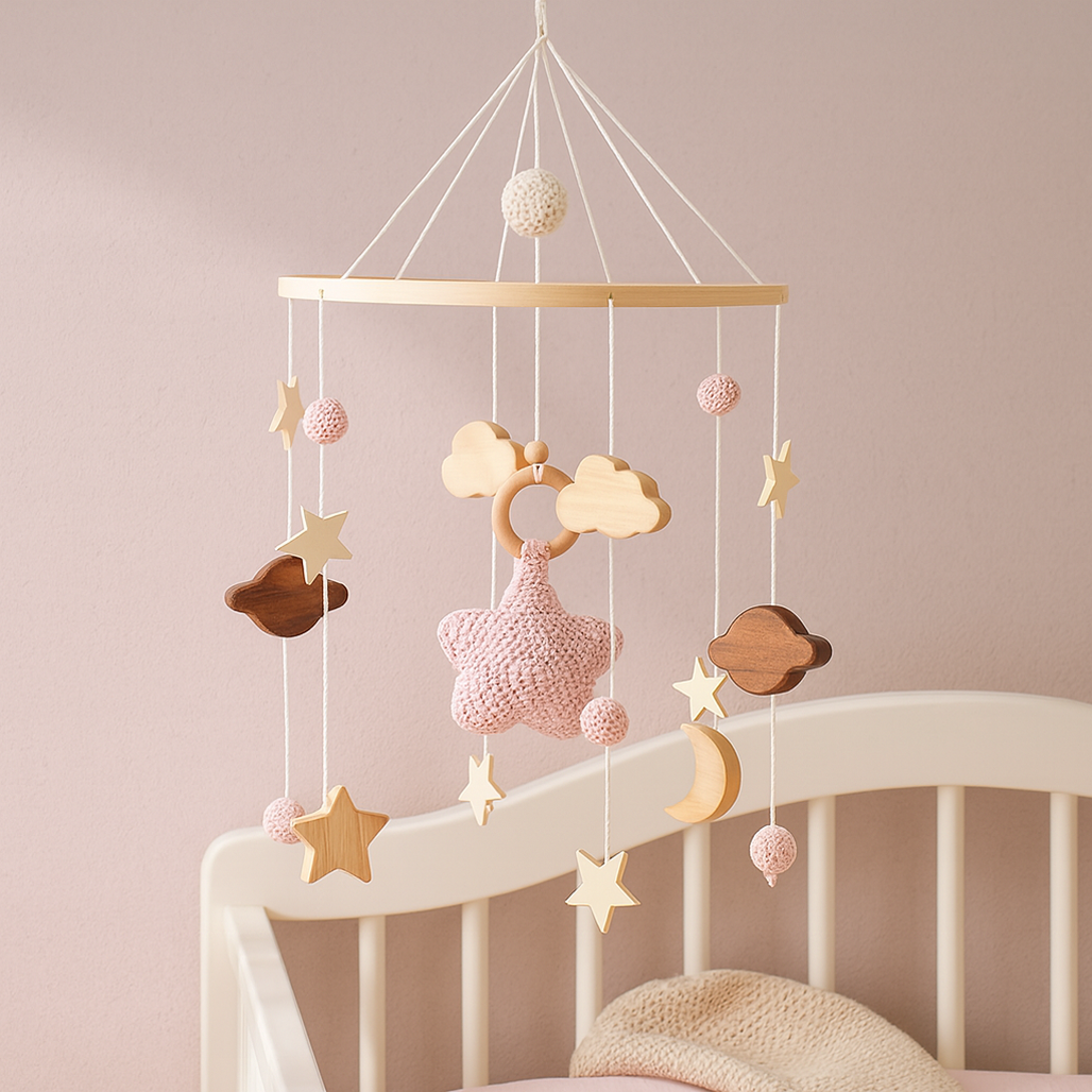 Wooden baby mobile with pink knitted star – soft pastel nursery decor